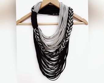 Black Gray Fabric Necklace Statement Infinity  loop Scarf Necklace Boho Hippie Tribal Necklace FUN TO WEAR Neck Wrap Shawl Scarves