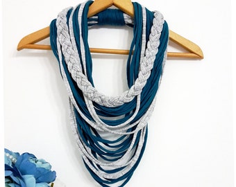 Teal Gray Infinity Scarf Necklace Textile Fabric Statement Loop Necklace Woman Scarves Braided Scarf Teal Scarves for Woman Sparkly Scarf