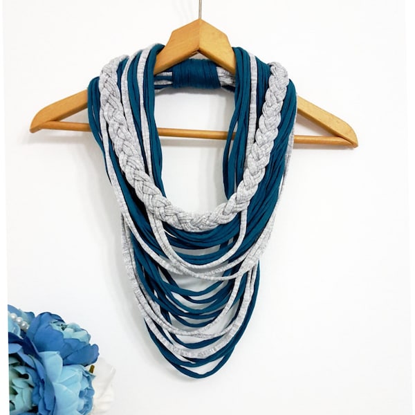 Teal Gray Infinity Scarf Necklace Textile Fabric Statement Loop Necklace Woman Scarves Braided Scarf Teal Scarves for Woman Sparkly Scarf