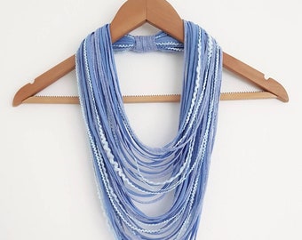 Light Blue Infinity Scarf Denim Rope Scarf Necklace Winter accessories Fringe Necklace Boho Hippie Scarves Necklaces Navy Blue Scarf