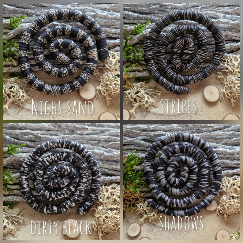 K&ouml;nnte beinhalten: Vier kreisf&ouml;rmige Spiralen in einem Raster, jede mit einem eigenen schwarz-wei&szlig;en Muster. Oben links steht NIGHT SAND, oben rechts STRIPES, unten links DIRTY BLACK und unten rechts SHADOWS. Jede Spirale besteht aus gewickeltem Material.