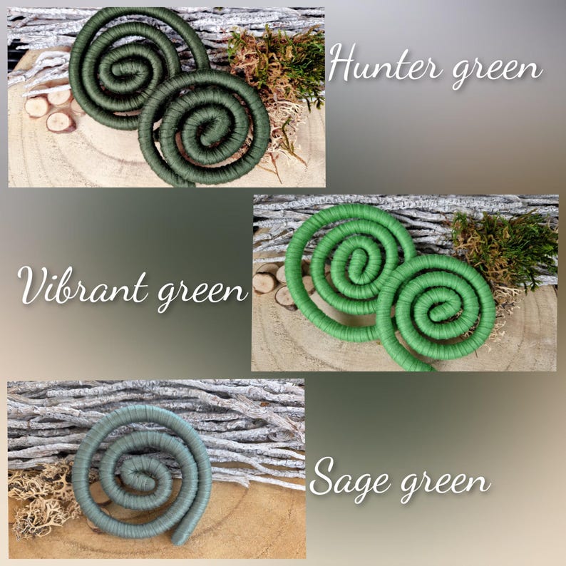 May include: Three sets of coiled rope decorations in varying shades of green. The top set is labeled Hunter green, the middle set is labeled Vibrant green, and the bottom single coil is labeled Sage green. Each coil is made of wrapped cord.