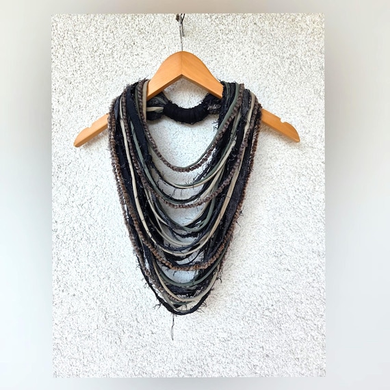 Black Denim Sage Olive Green Scarf Necklace Fabric Jewelry Textile