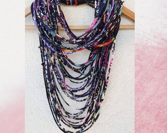 Oversized Fabric Necklace Statement Infinity Scarf Dark Colrful Necklace Boho Hippie Tribal Necklace FUN TO WEAR Necklace Fancy Scarves