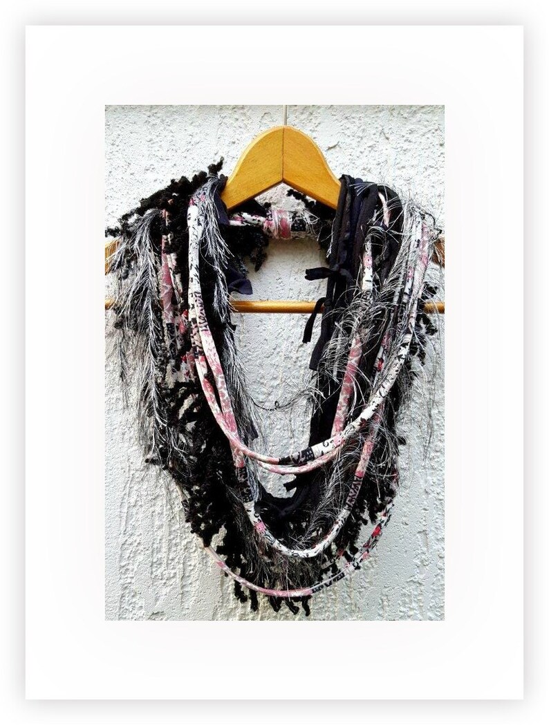 Textile Fabric Statement Necklace Long Multistrands Black Pink Gray Necklace Scarf Winter Necklace Winter Scarves