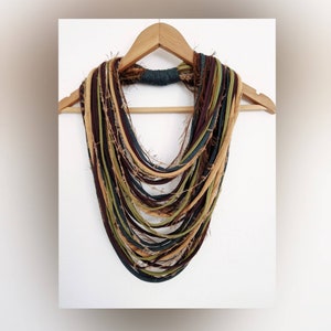 Woodland Scarf Necklace  Green Brown Autumn Scarf Statement Infinity Scarf Boho Hippie Tribal Necklace Unikatina Scarves Fabric Jewelry