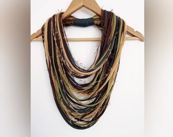 Woodland Scarf Necklace  Green Brown Autumn Scarf Statement Infinity Scarf Boho Hippie Tribal Necklace Unikatina Scarves Fabric Jewelry