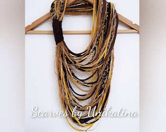 Mustard Brown Gold Autumn Necklace Statement Gold Scarf Boho Hippie Tribal Necklace Fabric Jewelry Infinity Scarves Autumn Costume Accessory