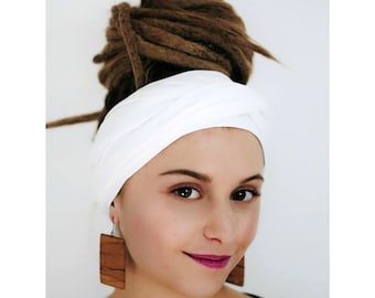 WHITE Head Scarf White Turban Stretchy Cotton Headband Jersey Scarf Wide Scrunch Desert headwrap Summer Yoga headband Stretchy Hread Scarf