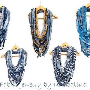 Tattered Denim Necklace Gray Blue Scarf Torn Jeans Jewelry Textile Denim Infinity Scarves Reused Recycled Jeans Necklace image 2