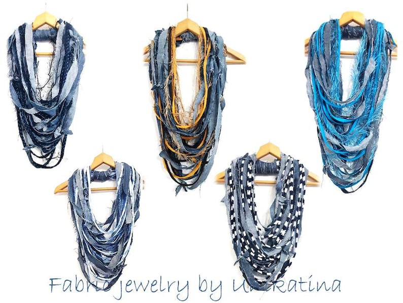 Tattered Denim Necklace Gray Blue Scarf Torn Jeans Jewelry Textile Denim Infinity Scarves Reused Recycled Jeans Necklace image 2