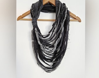 Black Denim Graay Scarf Necklace Fabric Jewelry Textile Necklace Reused Recycled Jeans Fiber Necklace Festival outfit Tribal scarf Unikatina