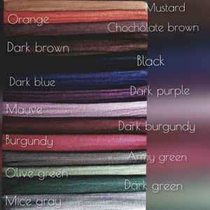 May include: A stack of folded fabric swatches in various colors labeled with text: Mustard, Orange, Chocholate brown, Dark brown, Black, Dark blue, Dark purple, Mauve, Dark burgundy, Burgundy, Army green, Olive green, Dark green, and Mice gray.