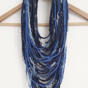 Blue Infinity Scarf Scarf Rope Scarf Necklace Winter accessories Fringe Necklace Boho Hippie Scarves Necklaces Navy Blue Scarf image 4