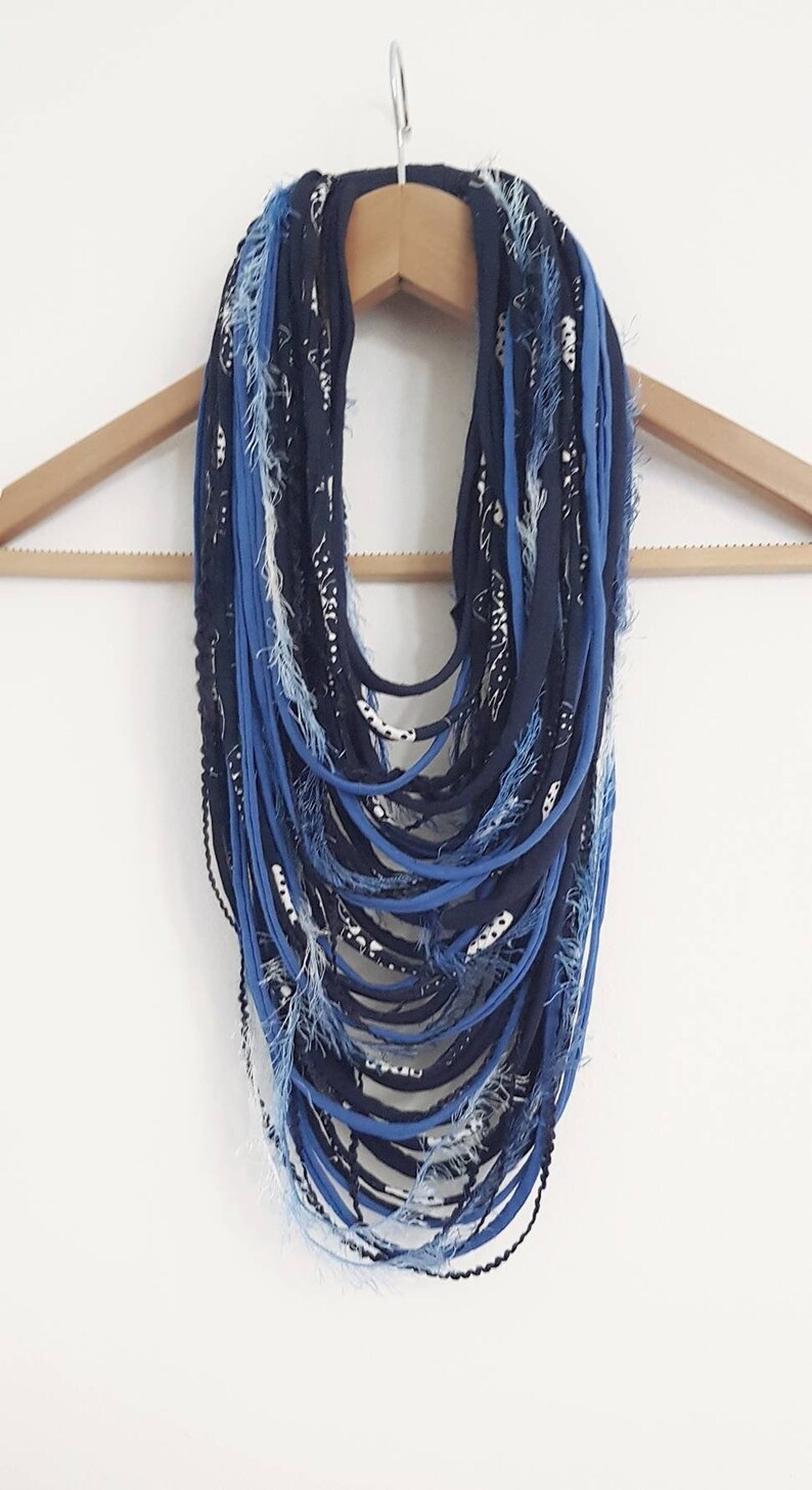 Blue Infinity Scarf Scarf Rope Scarf Necklace Winter accessories Fringe Necklace Boho Hippie Scarves Necklaces Navy Blue Scarf image 4