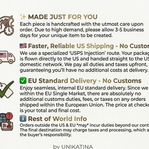 May include: An informational graphic with four sections featuring icons and text. The text includes: MADE JUST FOR YOU, Faster, Reliable US Shipping - No Customs, EU Standard Delivery - No Customs, Rest of World Info, and the brand name by UNIKATINA.