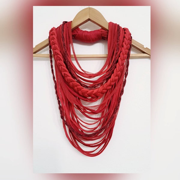 Red Scarf Ruby Red Necklace Statement Infinity Scarf Necklace Boho Hippie Yarn Scarves Fibre Necklace Textile Necklace FUN TO WEAR Neck Wrap