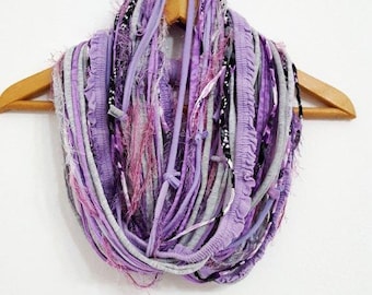 Lavender Scarf Textile Scarf Necklace Fabric Frayed Style Necklace Multistrand  Scarf Infinity Scarves Cowl Textile Fashion Purple Necklace