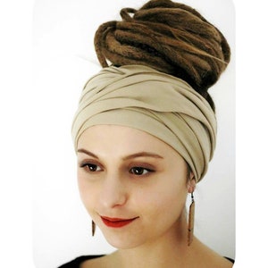 Foulard beige havane, turban, bandeau en jersey, écharpe en jersey, serre-tête, foulard large fronces, foulard en coton, bandeau YOGA