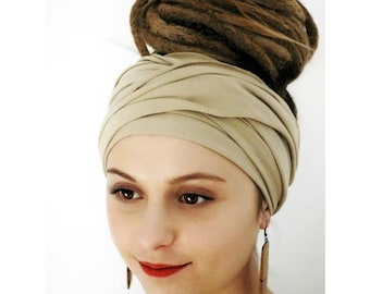 Beige Tan Head Scarf, Turban, Jersey Headband, Jersey Scarf, Head Wrap, Wide scrunch Head scarf, Cotton head scarf,  YOGA headband