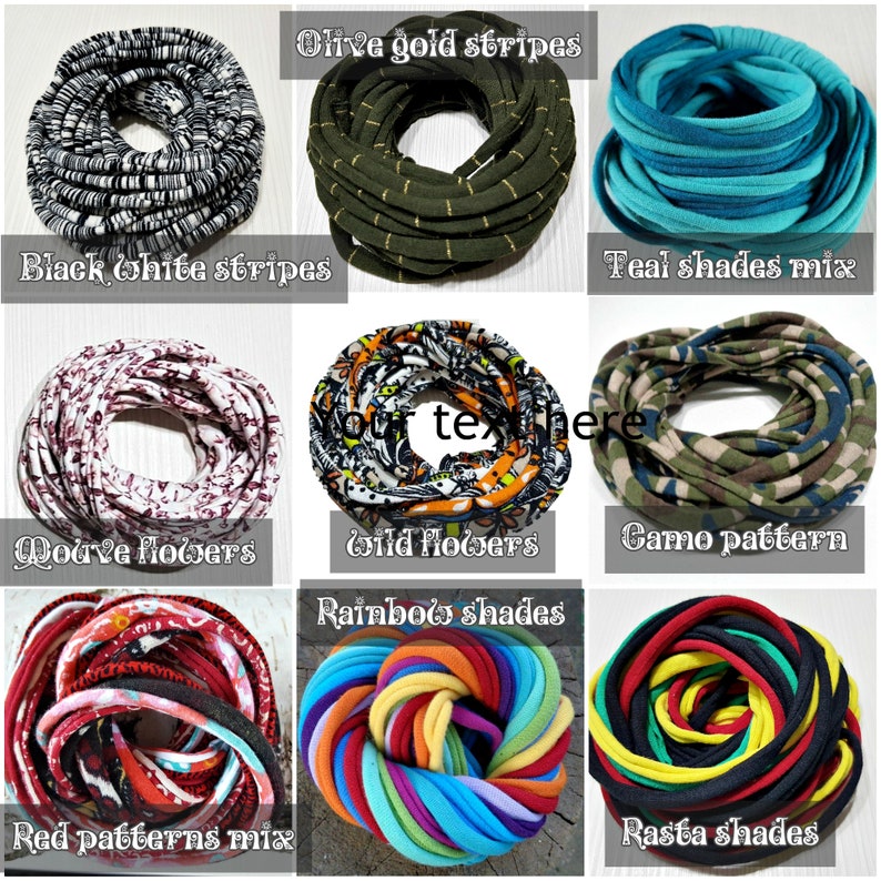 May include: A collection of nine circular fabric headbands displayed in a grid. The designs include black and white stripes, olive gold stripes, teal shades, mauve flowers, wild flowers, camo pattern, red patterns mix, rainbow shades, and rasta shades.