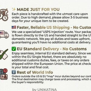 May include: An informational graphic with four sections. The first shows a needle and clock icon with the text MADE JUST FOR YOU. The second features a truck icon with Faster, Reliable US Shipping. The third has a checkmark icon with EU Standard Delivery. The fourth shows a globe and stamp icon with Rest of World Info, ending with by UNIKATINA.