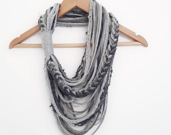 Gray Scarf Necklace Textile Fiber Necklace Tribal Festival Costume Jewelry Infinity Scarves Coacella Burning Man Infinity Cowl