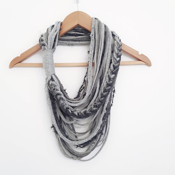 Gray Scarf Necklace Textile Fiber Necklace Tribal Festival Costume Jewelry Infinity Scarves Coacella Burning Man Infinity Cowl