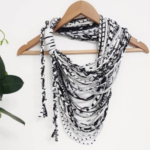 Black&White Scarf Necklace Long Multistrand Infinity Scarf Textile Jewelry Spring  Summer Blck White Scarves Unique Designer Jewelry New