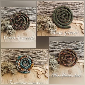 May include: Four circular fabric coils arranged in a collage. The coils feature various patterns including dark green with small floral prints, moss green with subtle dots, turquoise with floral motifs, and dark brown with small flower patterns.