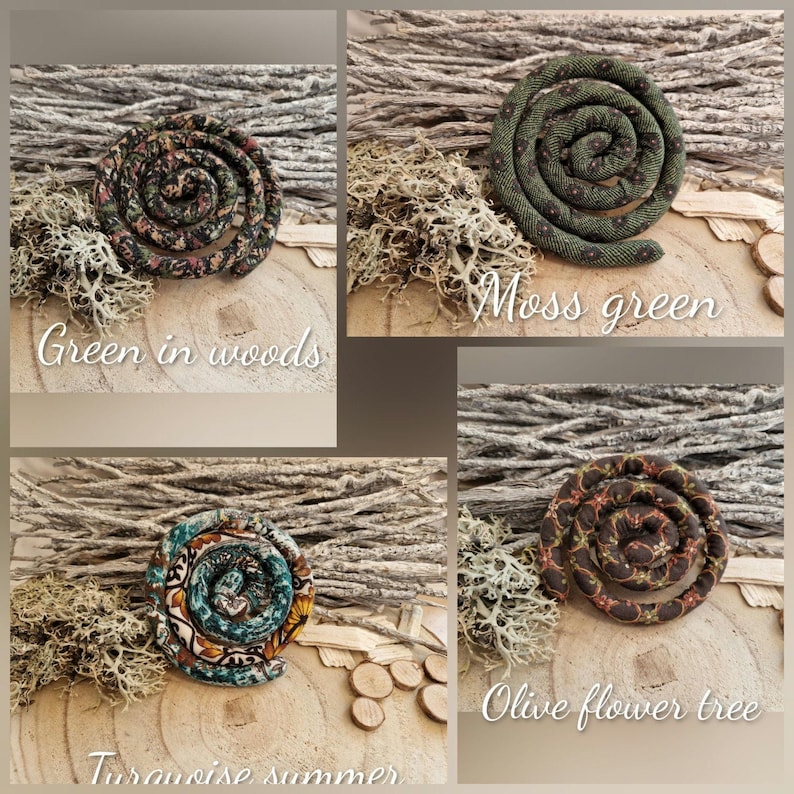 May include: Four circular fabric coils arranged in a collage. The coils feature various patterns including dark green with small floral prints, moss green with subtle dots, turquoise with floral motifs, and dark brown with small flower patterns.