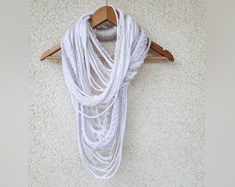 Hybrid White Silver Scarf Necklace Extra Long 60" Tribal Festival Costume Jewelry Infinity Scarf Burning Man Infinity Cowl Unikatina