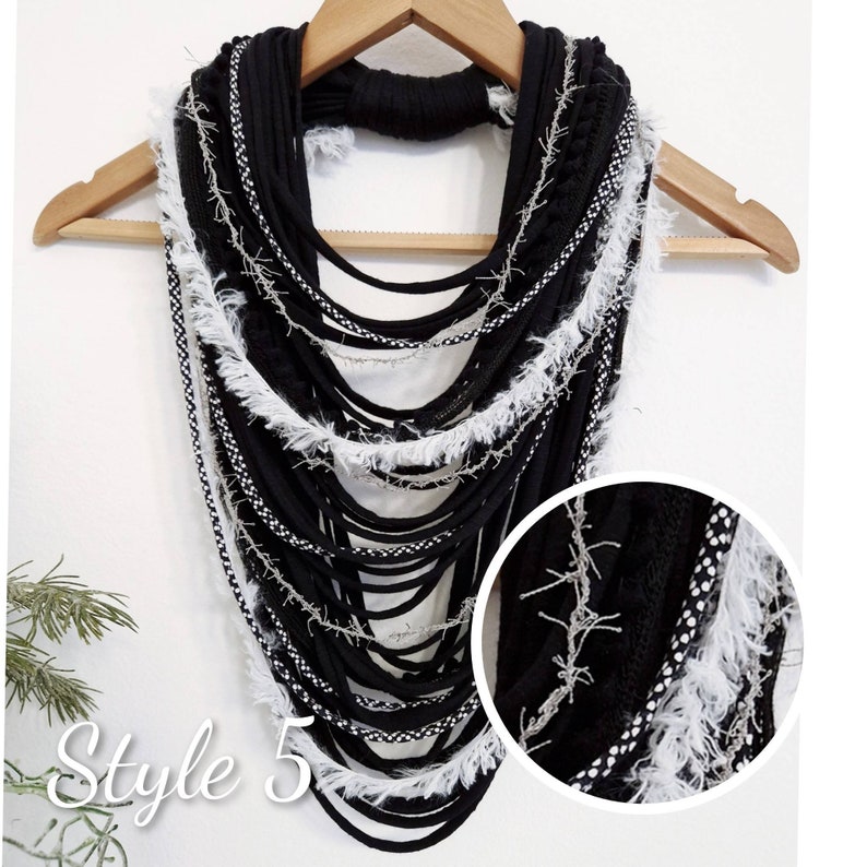 Black&White Gray Textille Scarf Necklace Fiber Necklace Tribal Festival Costume Jewelry Infinity Scarves Coacella Burning Man Infinity Cowl image 7