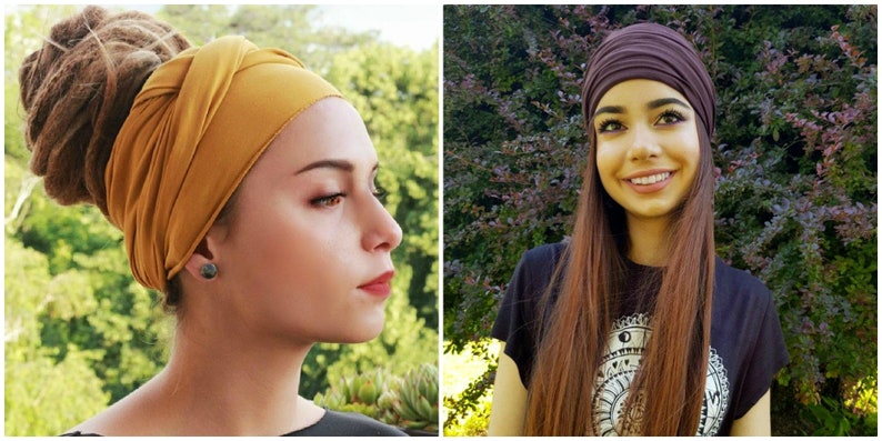 Yellow Mustard Head Scarf Turban Stretchy Cotton Headband Jersey Scarf Wide Scrunch headwrap Summer Yoga Headband Head Scarf New image 2