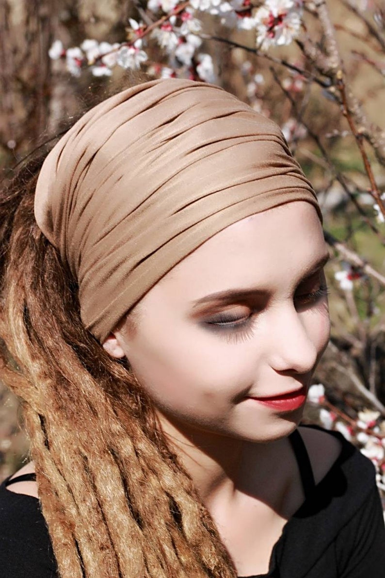 Dreadlock Tube Headband Caramel color Wide Yoga Hairband Lock Tube Headband Womens Mens Headband for dreads Head Wrap Dread Sock Camel Beige image 7