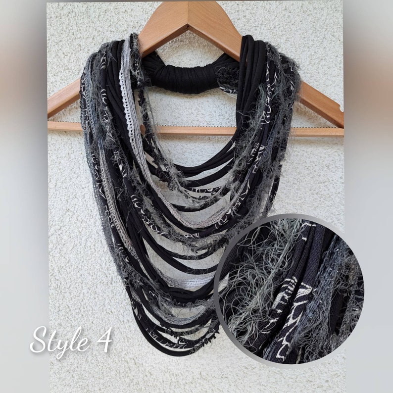 Black&White Gray Textille Scarf Necklace Fiber Necklace Tribal Festival Costume Jewelry Infinity Scarves Coacella Burning Man Infinity Cowl image 6