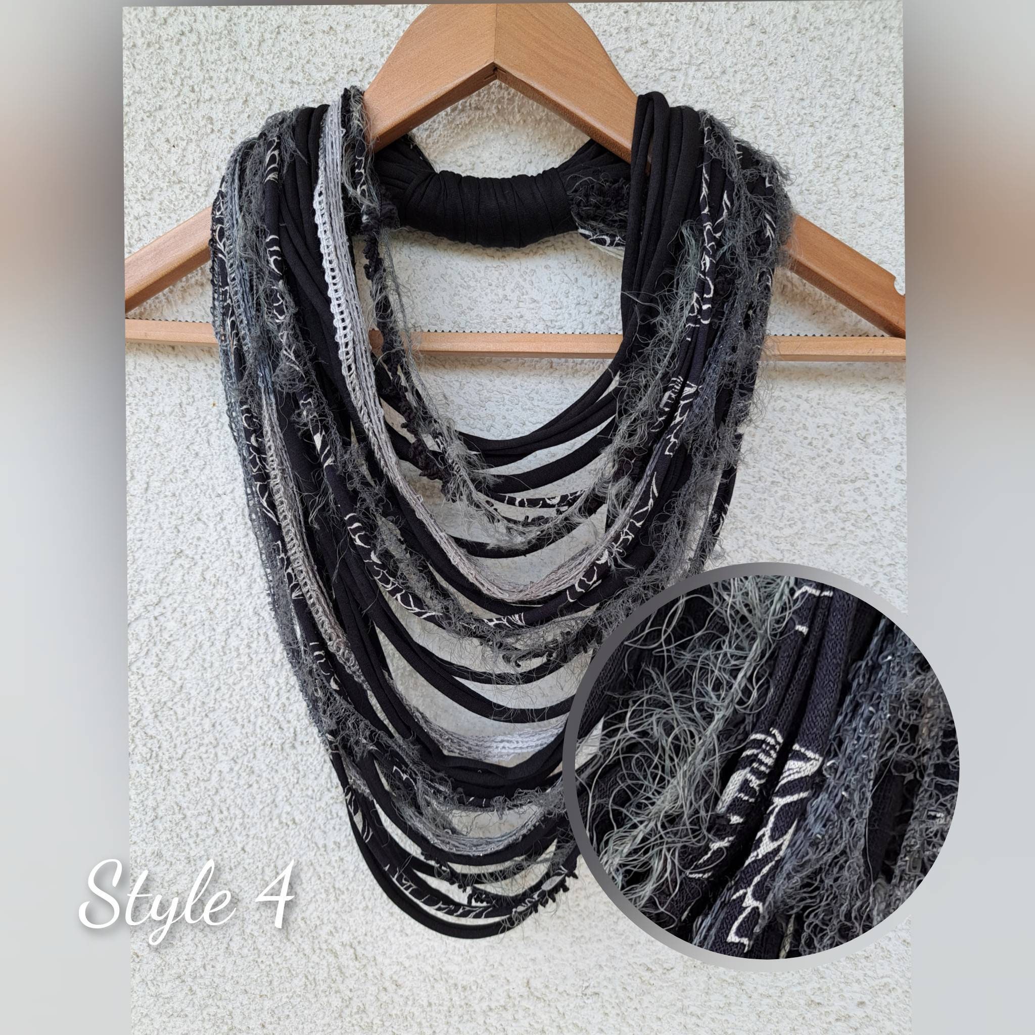 Everyday Jewelry Grey and Multicolored Cotton Scarf Necklace Jewelrys - Scarf Necklace, Cotton / Polyester / Acrylic Pearl / Silver-Colored Plastic, M