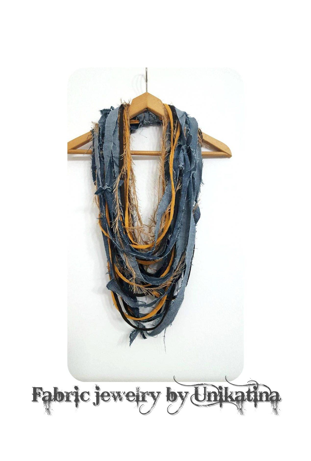 Mustard Denim Scarf Necklace Fabric Jewelry Textile Mustard & Denim Necklace Mustard Scarf Reused Recycled Jeans Fiber Necklace Summer Scarf
