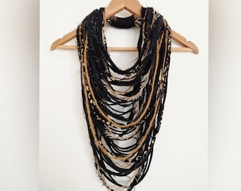 Black&Gold Animal print Scarf Necklace Extra Long Necklace Tribal Festival Costume Jewelry Infinity Scarf Burning Man Infinity Cowl Unique