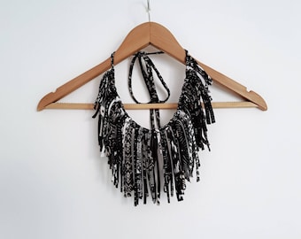 Black White Fun Necklace Statement  Fringe Tassels Necklace Summer Gypsy Boho Festival Outfit