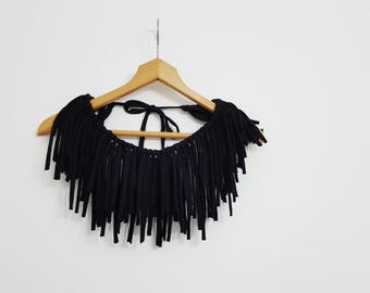 Black Fringe Tassel Necklace Goth necklace Circle Necklace Fringes Black Tassel Necklace Fabrix Textile Jewelry Fiber Collar Fringe Necklace