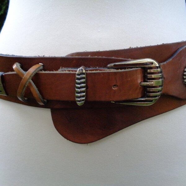 Wide Western LEATHER Belt Brown Vintage Belt Steampunk Biker Belt Cowgirl  Belt Handmade Belt Retro Belt OOAK