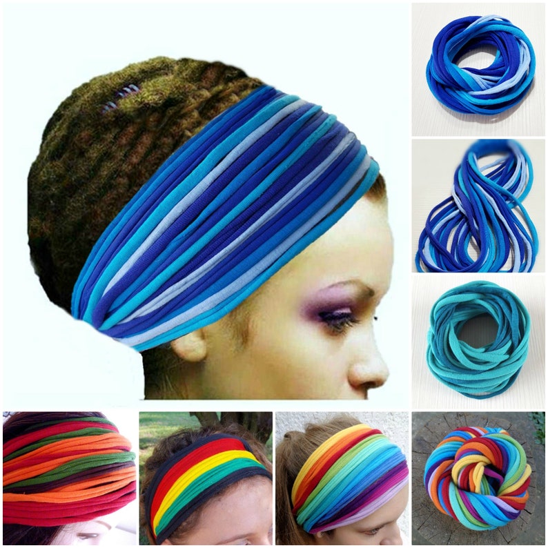 May include: A collection of wide headbands made from multiple strands of jersey fabric in various color palettes, including blue gradients, vibrant rainbow stripes, and solid color combinations, designed to be worn around the head.
