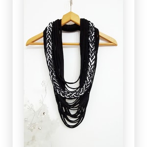 Black&White Scarf Necklace Summer Scarves Black Scarf Braided Scarf Neck Wrap Multistrand Infinity Scarf  Fabric FiberTextile Necklace