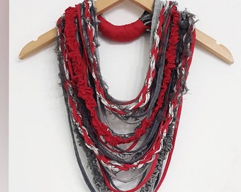 Red Gray Scart Fabric Necklace Textile Necklace Infinity Scarf Abstract Womens Scarves Unique Fashion Accessories Womans Scarf Scruffy