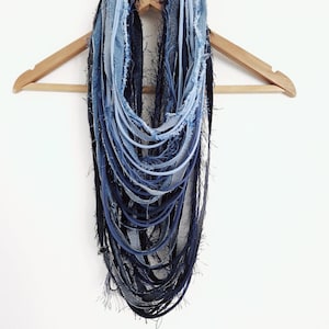Mustard Denim Scarf Necklace Fabric Jewelry Textile Mustard & Denim Necklace Mustard Scarf Reused Recycled Jeans Fiber Necklace Summer Scarf