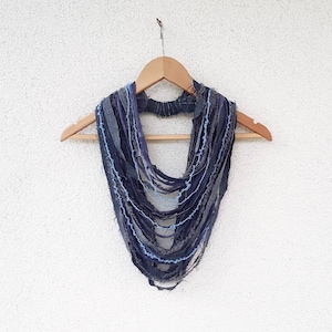 Tattered Denim Necklace Gray Blue Scarf Torn Jeans Jewelry Textile Denim Infinity Scarves Reused Recycled Jeans Necklace image 1