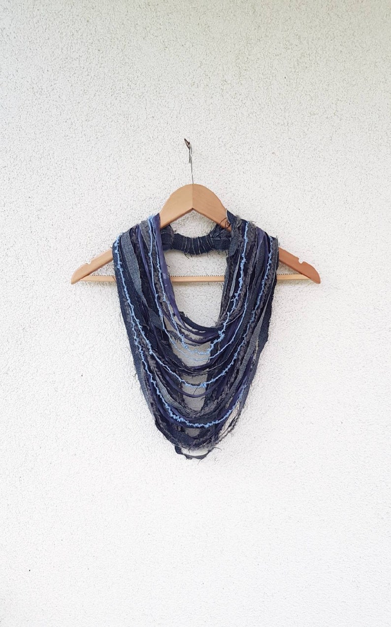 Tattered Denim Necklace Gray Blue Scarf Torn Jeans Jewelry Textile Denim Infinity Scarves Reused Recycled Jeans Necklace image 1