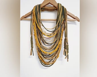 Mustard Brown Green Autumn Necklace Statement Woodland Infinity Scarf Necklace Jungle Safari Necklace FUN TO WEAR Necklace Svarves