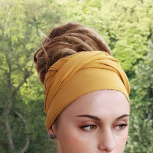 Yellow Mustard Head Scarf Turban Stretchy Cotton Headband Jersey Scarf Wide Scrunch headwrap Summer Yoga Headband Head Scarf New image 7